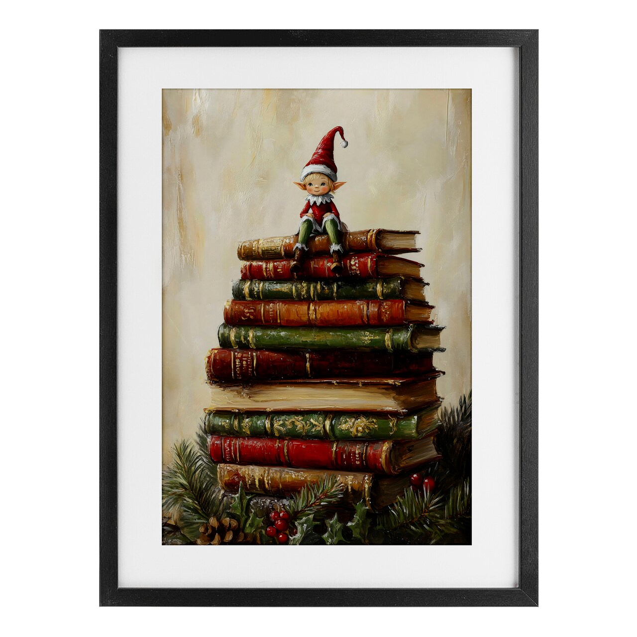 Stupell Industries Christmas Elf Bookstack Framed Print Under Glass, design by Petal Prints Design